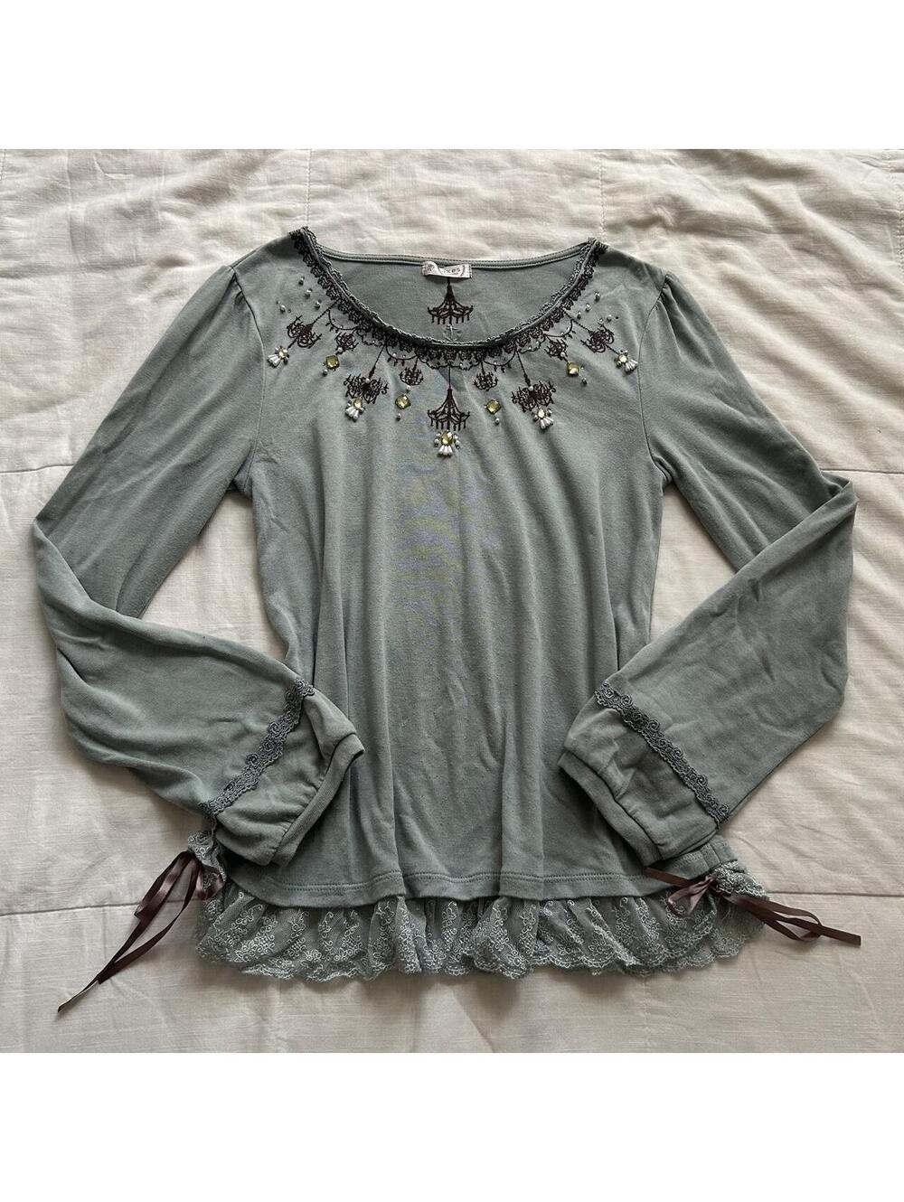 Axes Femme Dusty Blue Chandelier Embroidered Lace Bow Top Medium Japan